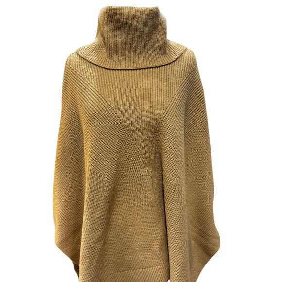Ann Taylor Ribbed Turtleneck Poncho Camel Tan One Size Fits Most Medium - Picture 1 of 5
